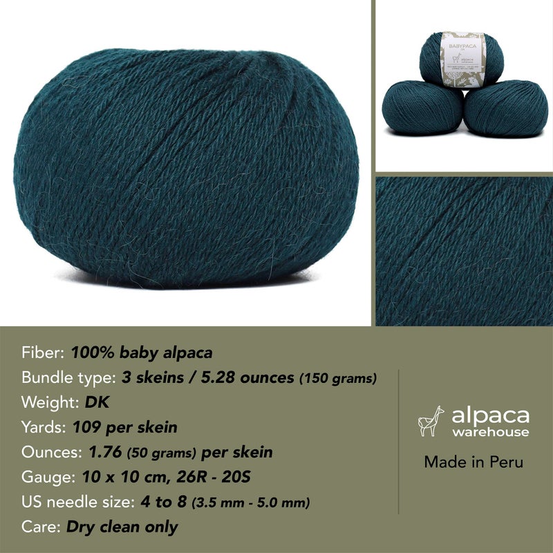 Alpaca Warehouse طقم خيوط صوف ألباكا للأطفال 100% من 3 كرات (150 جرام) وزن DK - مصنوع في بيرو - ناعم بشكل مذهل ومثالي للحياكة والكروشيه (أخضر زمردي، DK) - Image 3